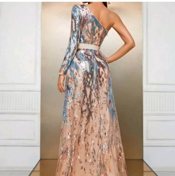 Multicolor,  Graphic Print,  Assymmetrical Neck,  Sequined Mermaid Gown - Picture 3 of 13